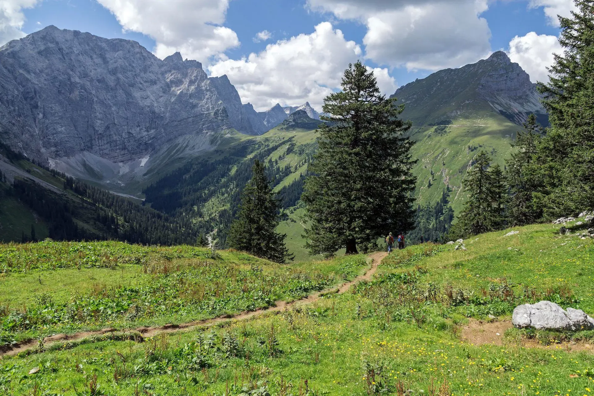 Hikers on dirt path through alpine meadow toward steep mountains under cloudy sky