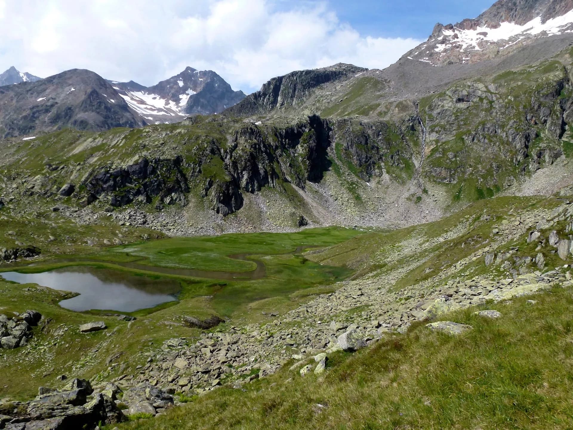 Alpine meadow with small lake, rocky slopes, and snow-capped mountains under a cloudy sky.